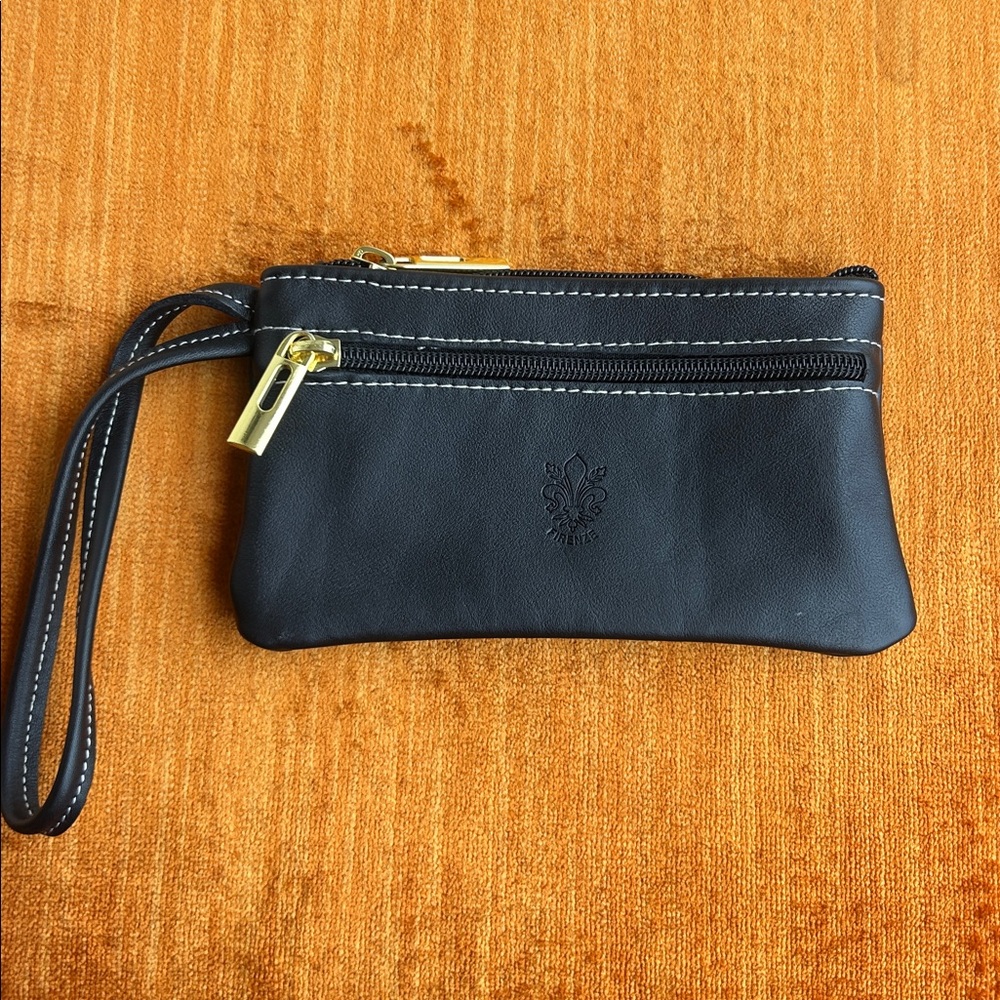Handmade in Florence Italy Genuine Leather Small Black Wristlet Pouch
